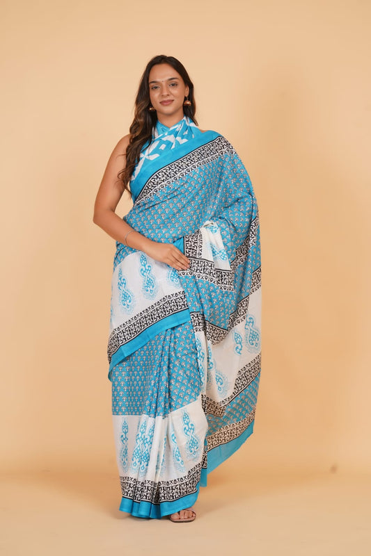 HAND PRINTED MULMUL COTTON SAREE (5.5 Mtr) WITH UNSTICHED BLOUSE PIECE (90 Cm)