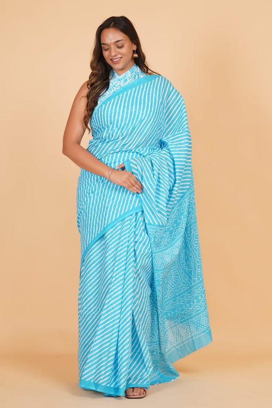 HAND PRINTED MULMUL COTTON SAREE (5.5 Mtr) WITH UNSTICHED BLOUSE PIECE (90 Cm)