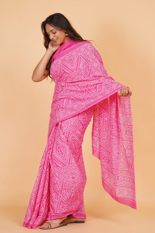 HAND PRINTED MULMUL COTTON SAREE (5.5 Mtr) WITH UNSTICHED BLOUSE PIECE (90 Cm)