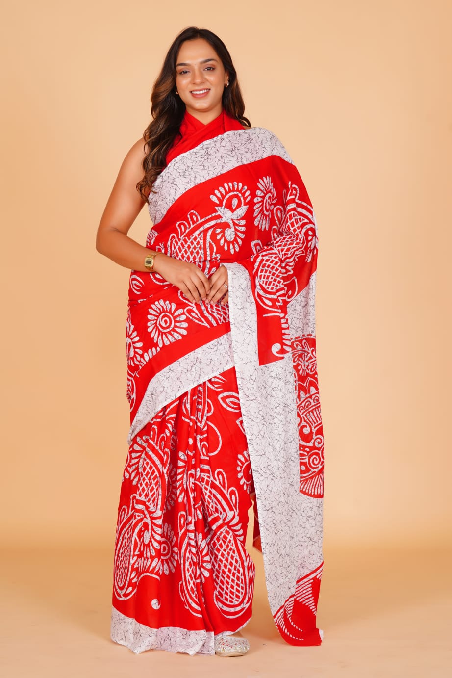 HAND PRINTED MULMUL COTTON SAREE (5.5 Mtr) WITH UNSTICHED BLOUSE PIECE (90 Cm)
