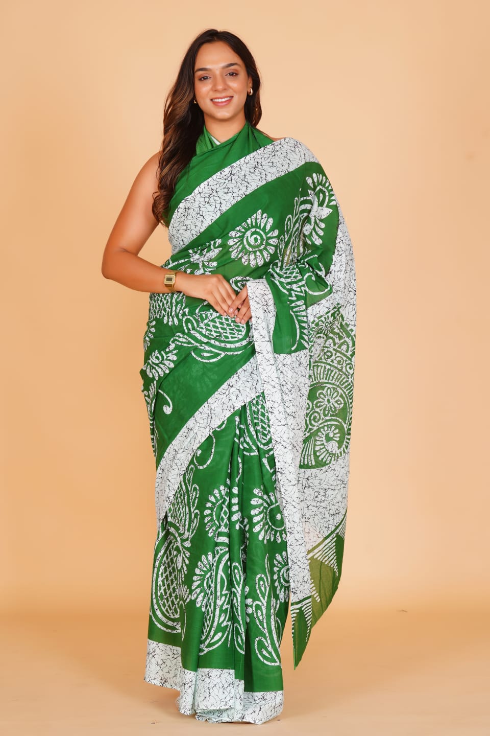 HAND PRINTED MULMUL COTTON SAREE (5.5 Mtr) WITH UNSTICHED BLOUSE PIECE (90 Cm)