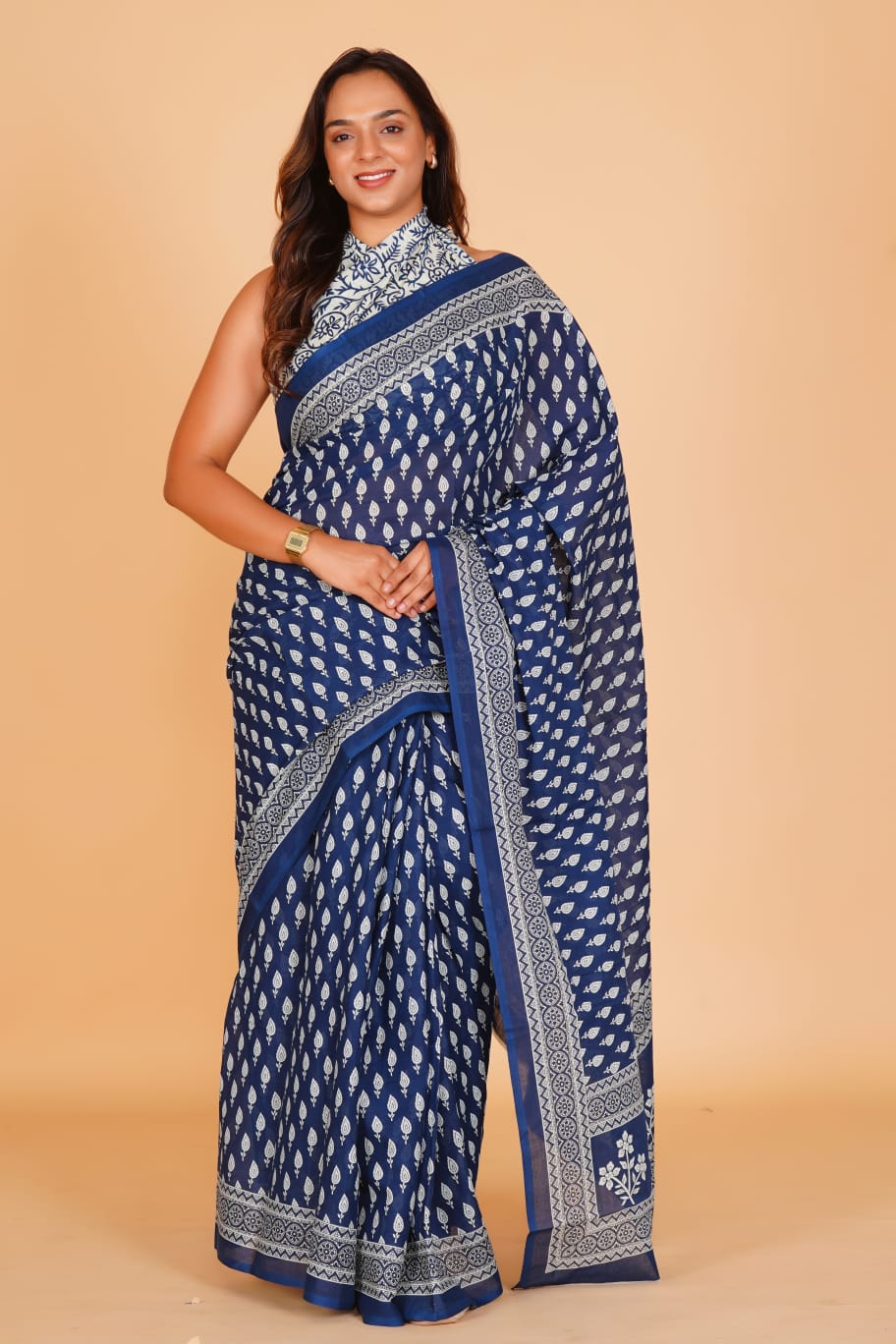 HAND PRINTED MULMUL COTTON SAREE (5.5 Mtr) WITH UNSTICHED BLOUSE PIECE (90 Cm)