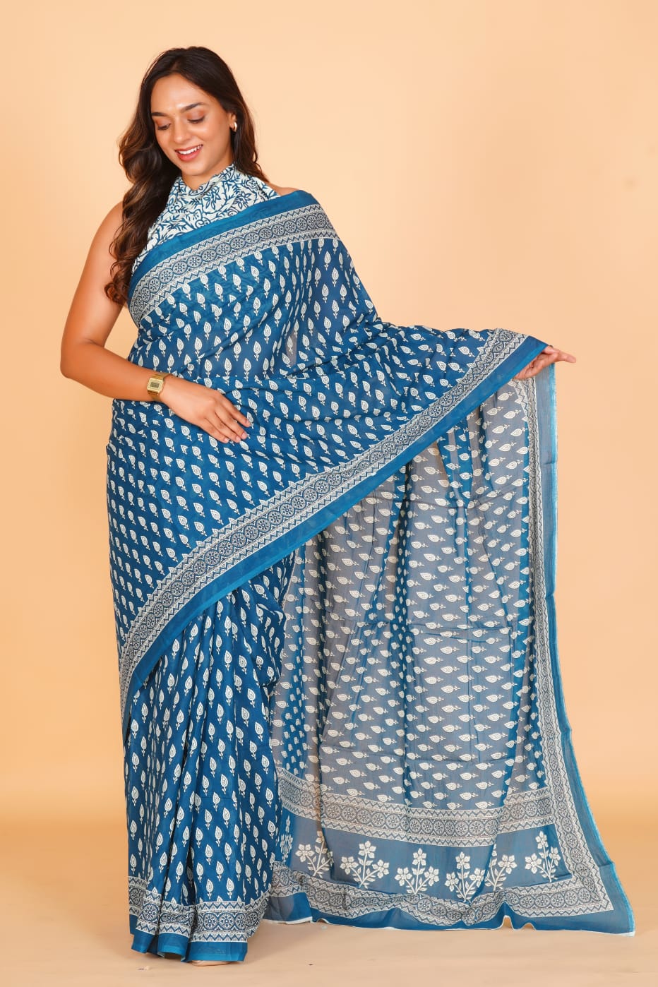 HAND PRINTED MULMUL COTTON SAREE (5.5 Mtr) WITH UNSTICHED BLOUSE PIECE (90 Cm)