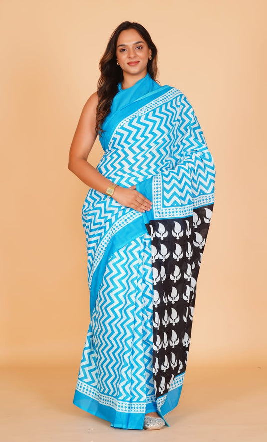HAND PRINTED MULMUL COTTON SAREE (5.5 Mtr) WITH UNSTICHED BLOUSE PIECE (90 Cm)
