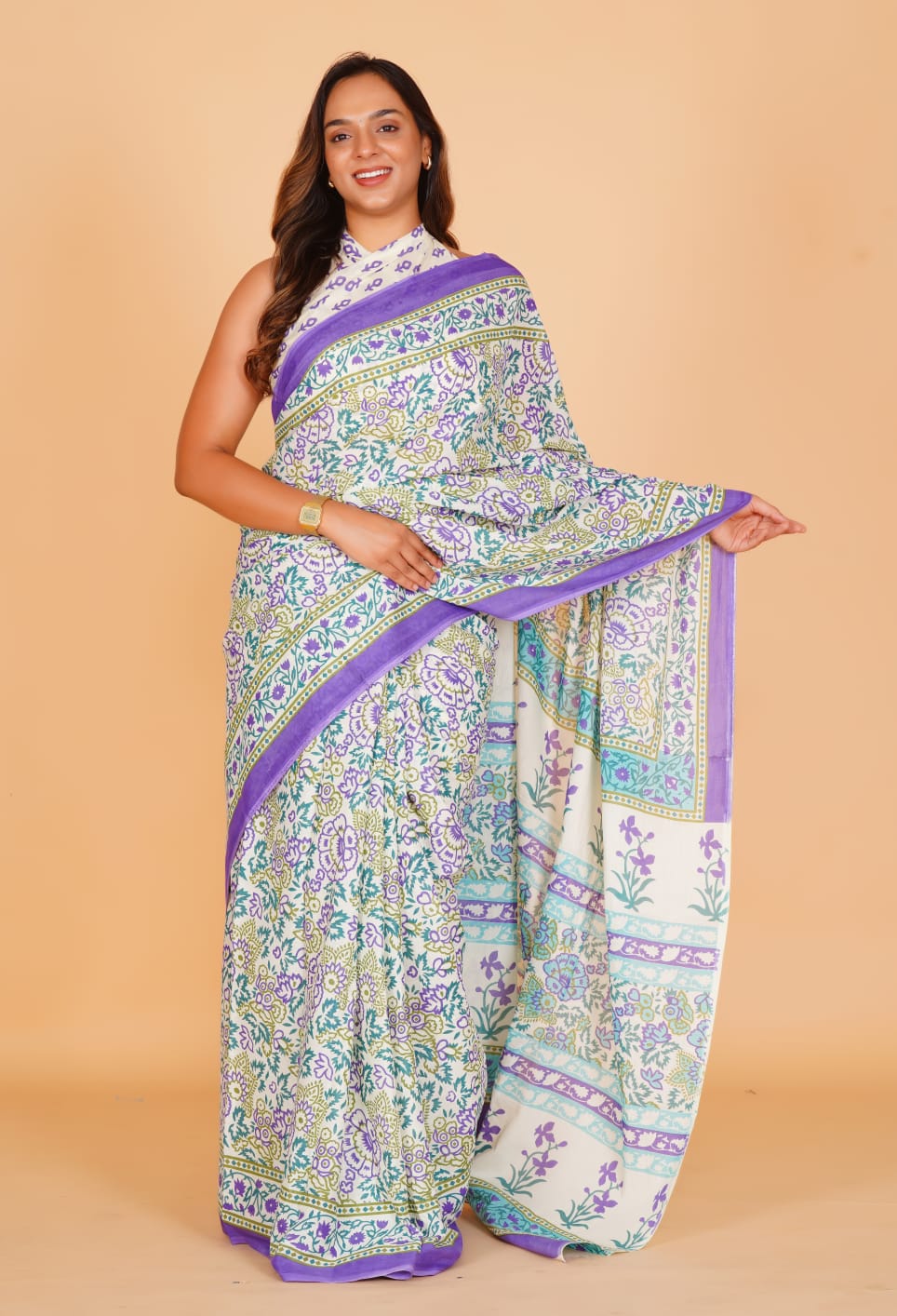 HAND PRINTED MULMUL COTTON SAREE (5.5 Mtr) WITH UNSTICHED BLOUSE PIECE (90 Cm)
