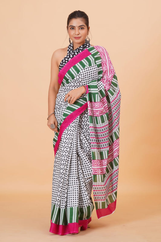 HAND PRINTED MULMUL COTTON SAREE (5.5 Mtr) WITH UNSTICHED BLOUSE PIECE (90 Cm)