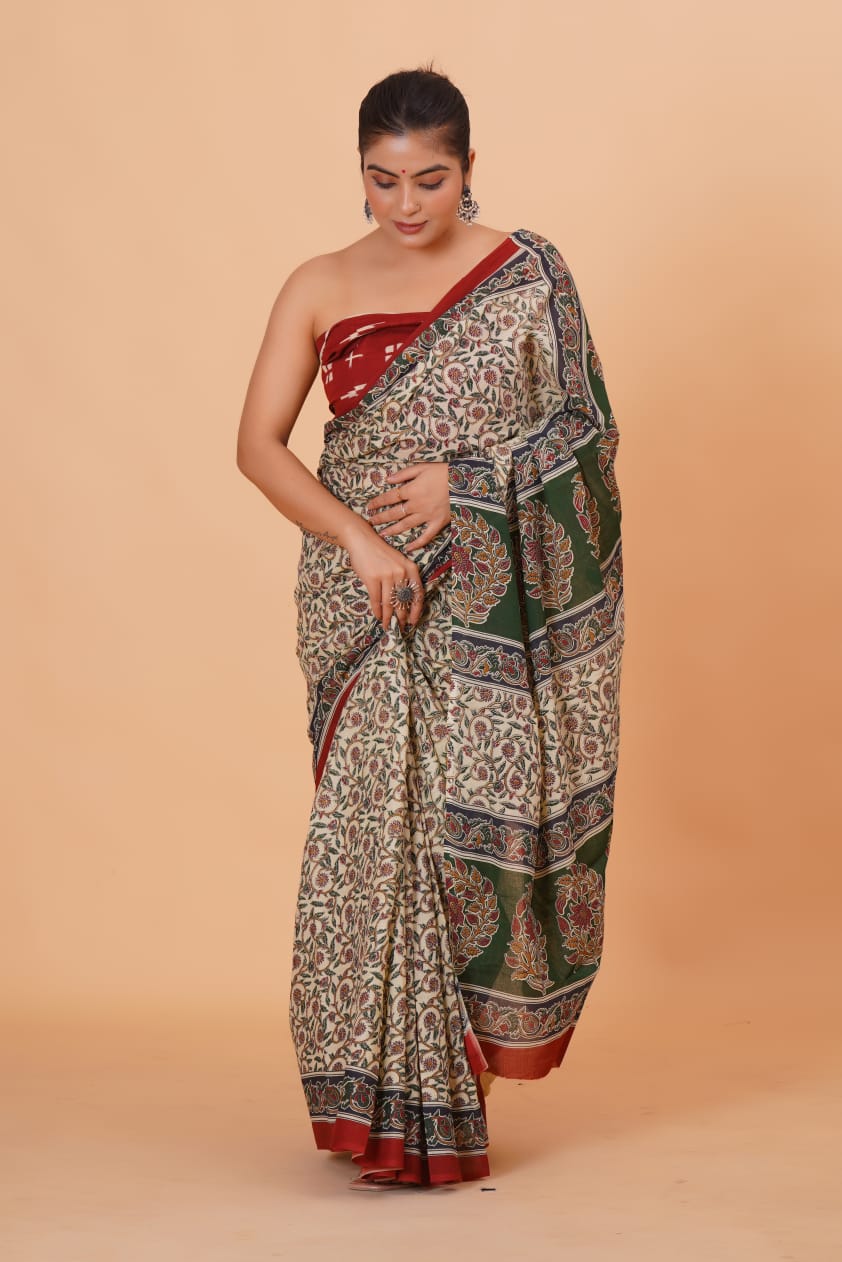HAND PRINTED MULMUL COTTON SAREE (5.5 Mtr) WITH UNSTICHED BLOUSE PIECE (90 Cm)