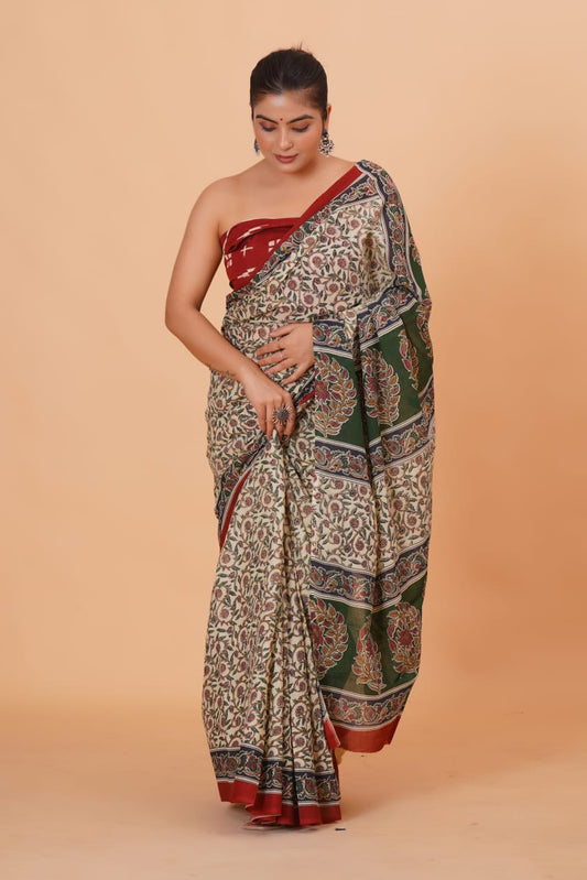 HAND PRINTED MULMUL COTTON SAREE (5.5 Mtr) WITH UNSTICHED BLOUSE PIECE (90 Cm)