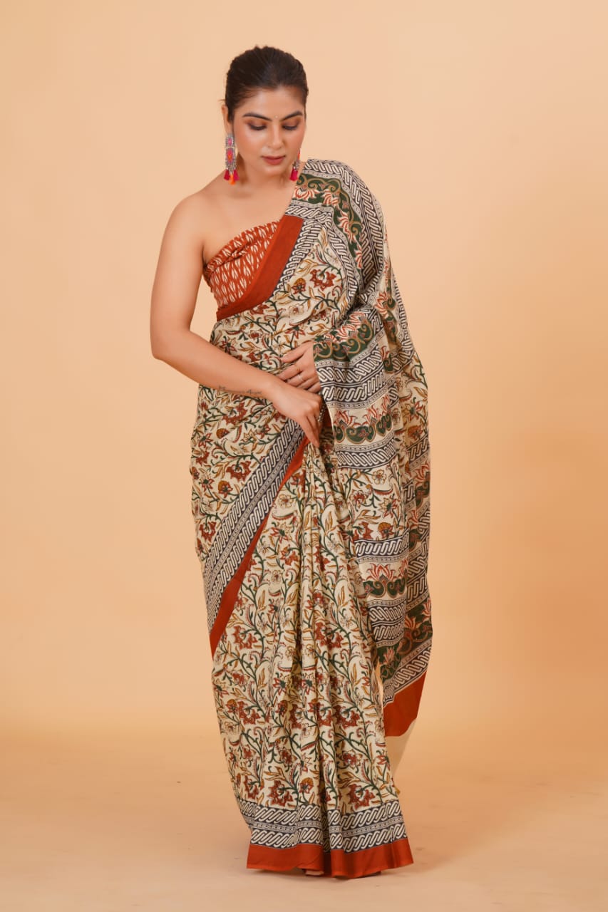 HAND PRINTED MULMUL COTTON SAREE (5.5 Mtr) WITH UNSTICHED BLOUSE PIECE (90 Cm)