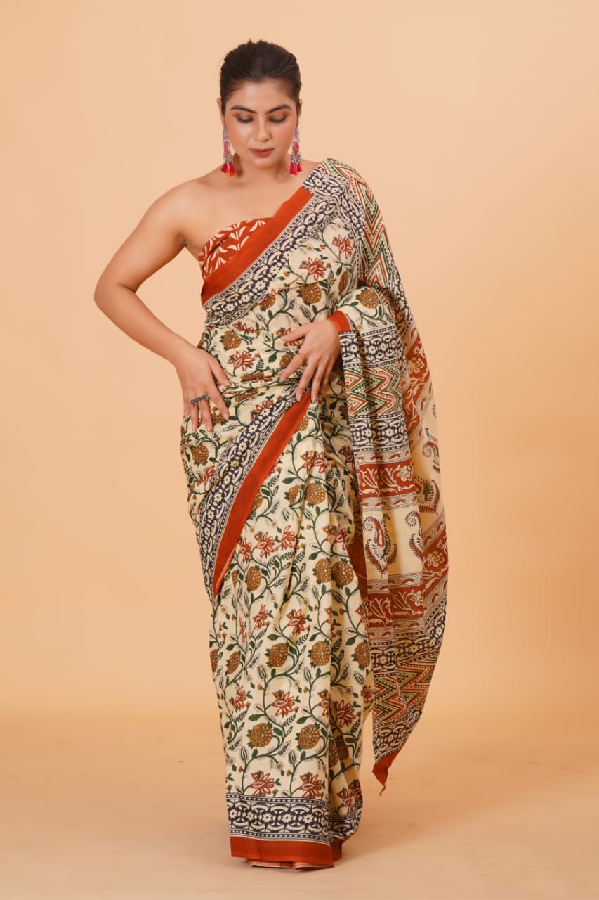 HAND PRINTED MULMUL COTTON SAREE (5.5 Mtr) WITH UNSTICHED BLOUSE PIECE (90 Cm)