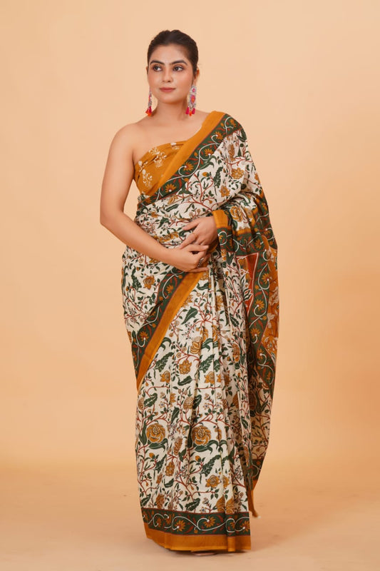HAND PRINTED MULMUL COTTON SAREE (5.5 Mtr) WITH UNSTICHED BLOUSE PIECE (90 Cm)
