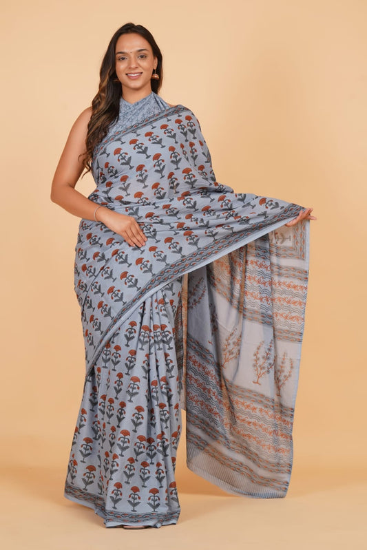 HAND PRINTED MULMUL COTTON SAREE (5.5 Mtr) WITH UNSTICHED BLOUSE PIECE (90 Cm)