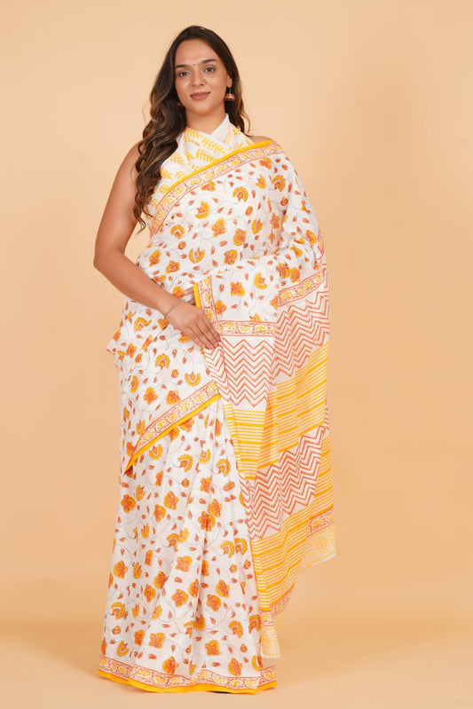 HAND PRINTED MULMUL COTTON SAREE (5.5 Mtr) WITH UNSTICHED BLOUSE PIECE (90 Cm)