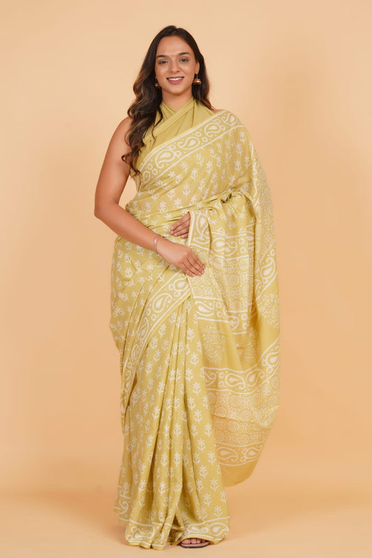 HAND PRINTED MULMUL COTTON SAREE (5.5 Mtr) WITH UNSTICHED BLOUSE PIECE (90 Cm)