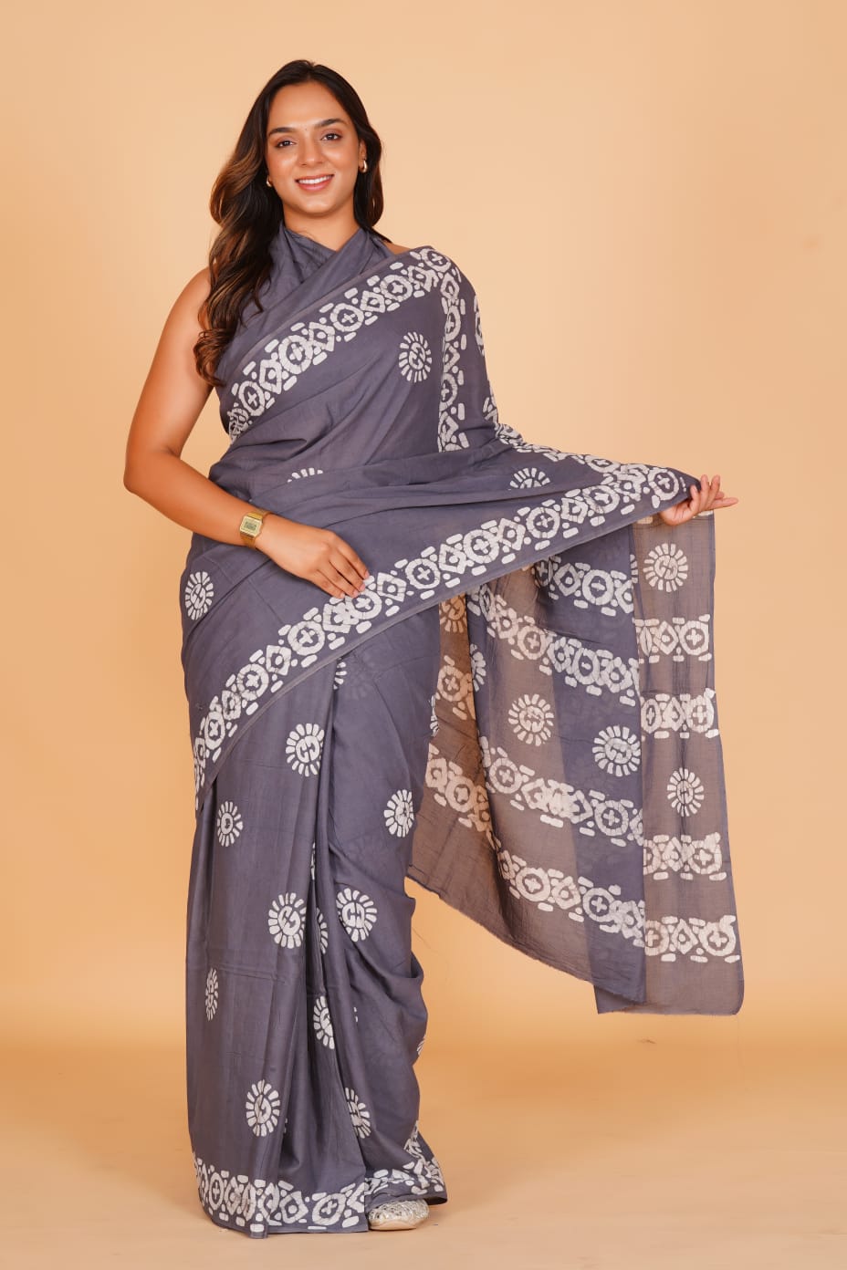 HAND PRINTED MULMUL COTTON SAREE (5.5 Mtr) WITH UNSTICHED BLOUSE PIECE (90 Cm)