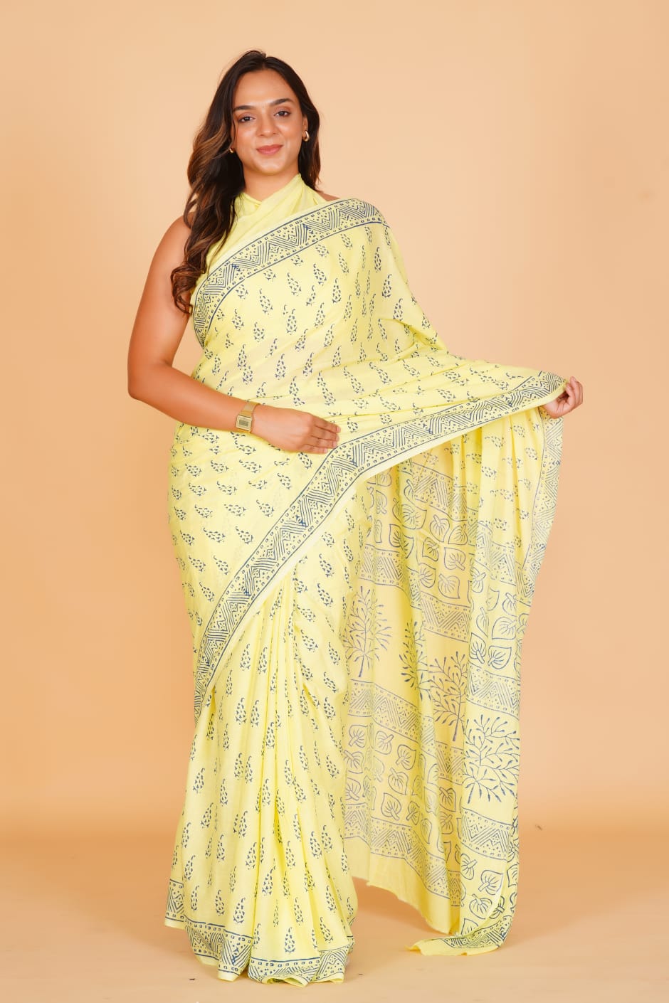 HAND PRINTED MULMUL COTTON SAREE (5.5 Mtr) WITH UNSTICHED BLOUSE PIECE (90 Cm)