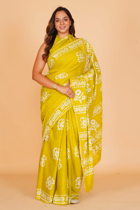 HAND PRINTED MULMUL COTTON SAREE (5.5 Mtr) WITH UNSTICHED BLOUSE PIECE (90 Cm)