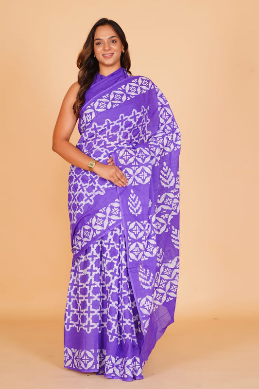 HAND PRINTED MULMUL COTTON SAREE (5.5 Mtr) WITH UNSTICHED BLOUSE PIECE (90 Cm)