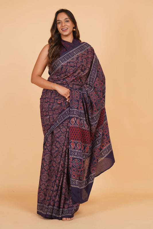 HAND BLOCK PRINTED COTTON SAREE (5.5 Mtr) WITH UNSTICHED BLOUSE PIECE (90CM)