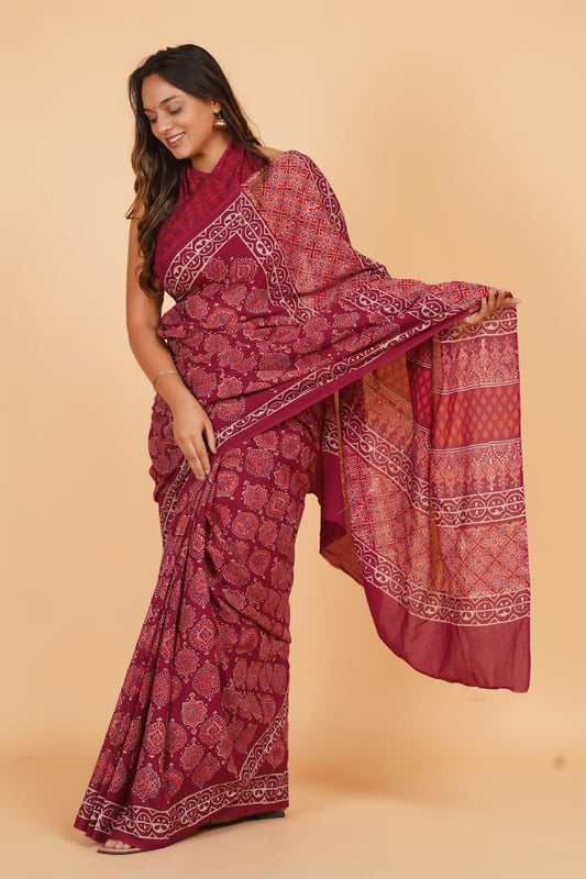 HAND BLOCK PRINTED COTTON SAREE (5.5 Mtr) WITH UNSTICHED BLOUSE PIECE (90CM)