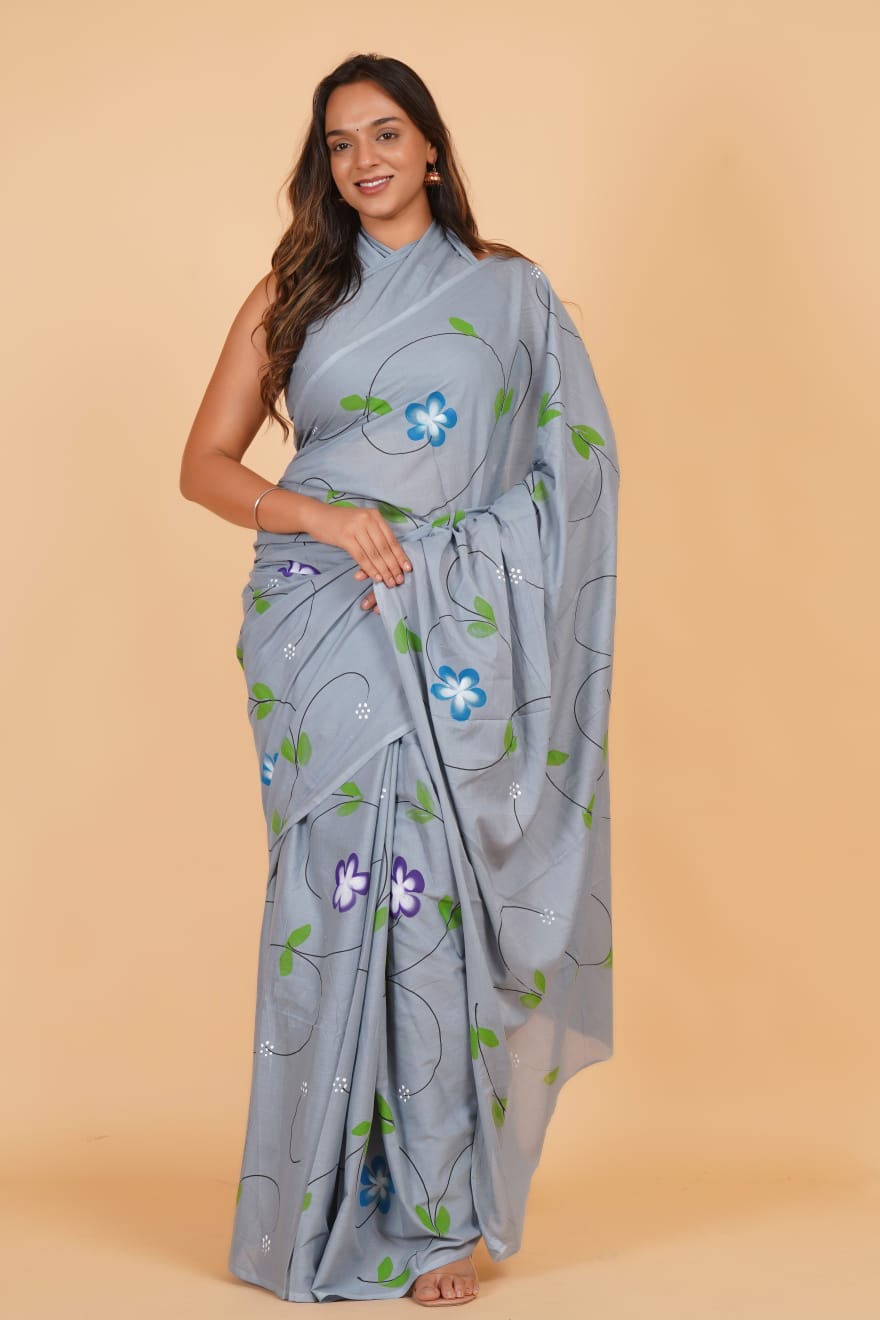 HAND PRINTED COTTON SAREE (5.5 Mtr) WITH UNSTICHED BLOUSE PIECE (90CM)