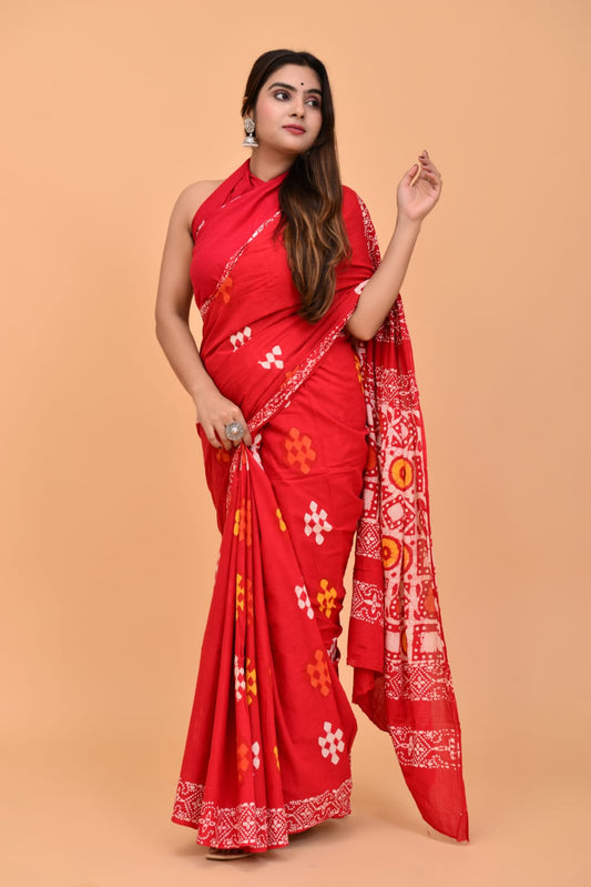 HAND BLOCK PRINTED COTTON SAREE (5.5 Mtr) WITH UNSTICHED BLOUSE PIECE (90CM)