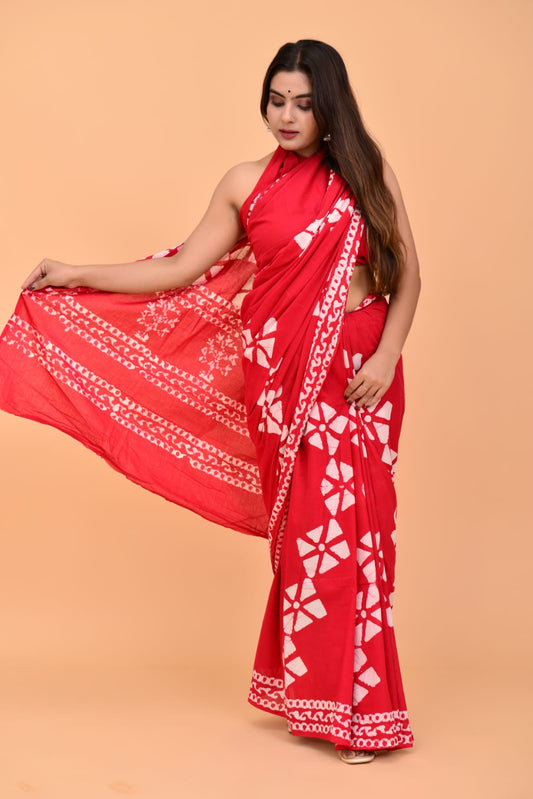 HAND BLOCK PRINTED COTTON SAREE (5.5 Mtr) WITH UNSTICHED BLOUSE PIECE (90CM)