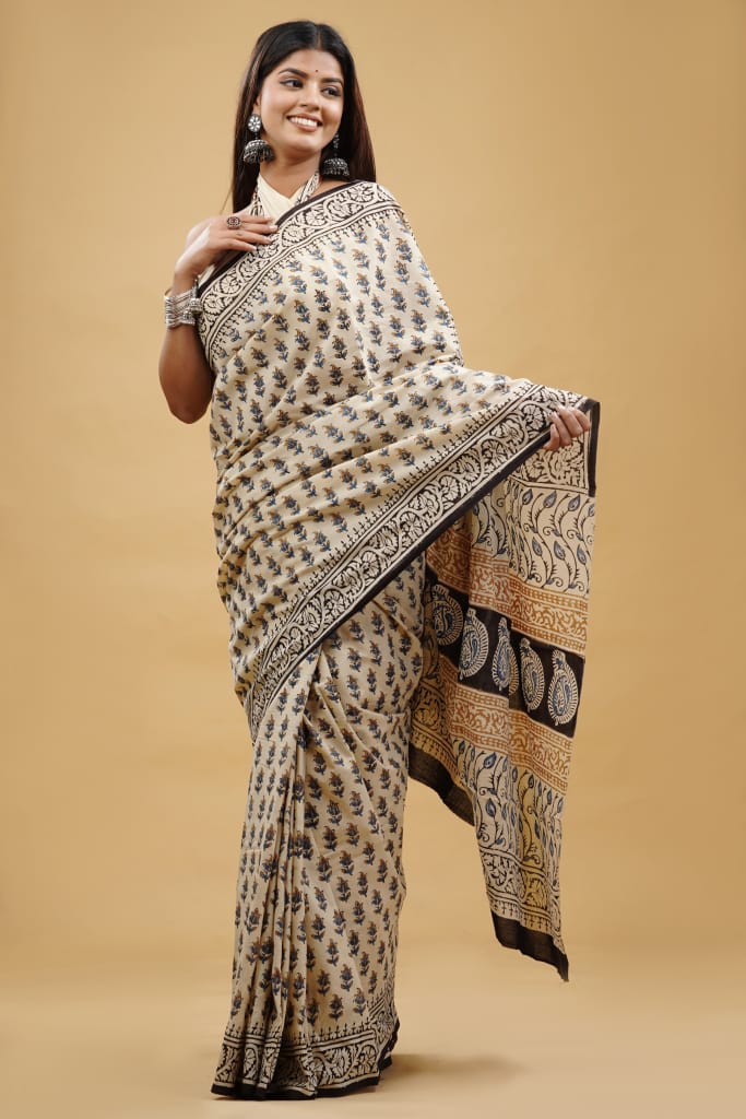 HAND BLOCK PRINTED COTTON SAREE (5.5 Mtr) WITH UNSTICHED BLOUSE PIECE (90CM)