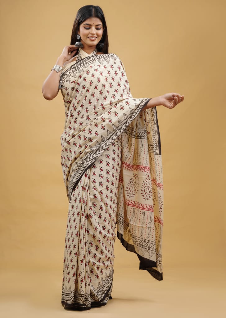 HAND BLOCK PRINTED COTTON SAREE (5.5 Mtr) WITH UNSTICHED BLOUSE PIECE (90CM)