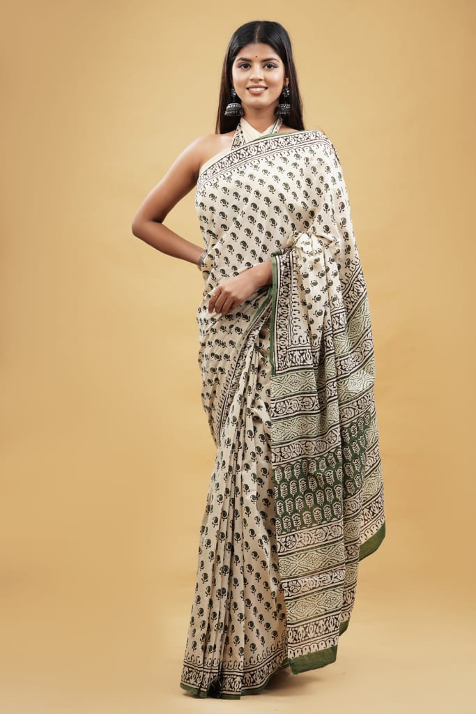 HAND BLOCK PRINTED COTTON SAREE (5.5 Mtr) WITH UNSTICHED BLOUSE PIECE (90CM)