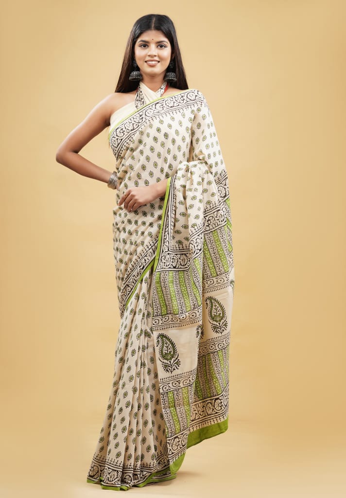 HAND BLOCK PRINTED COTTON SAREE (5.5 Mtr) WITH UNSTICHED BLOUSE PIECE (90CM)