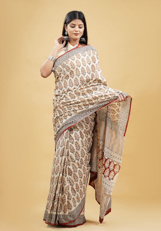 HAND BLOCK PRINTED COTTON SAREE (5.5 Mtr) WITH UNSTICHED BLOUSE PIECE (90CM)
