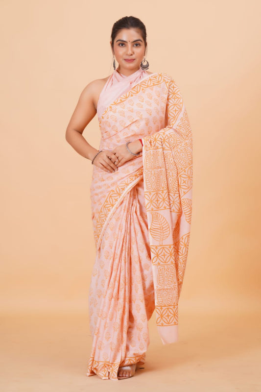 HAND BLOCK PRINTED COTTON SAREE (5.5 Mtr) WITH UNSTICHED BLOUSE PIECE (90CM)