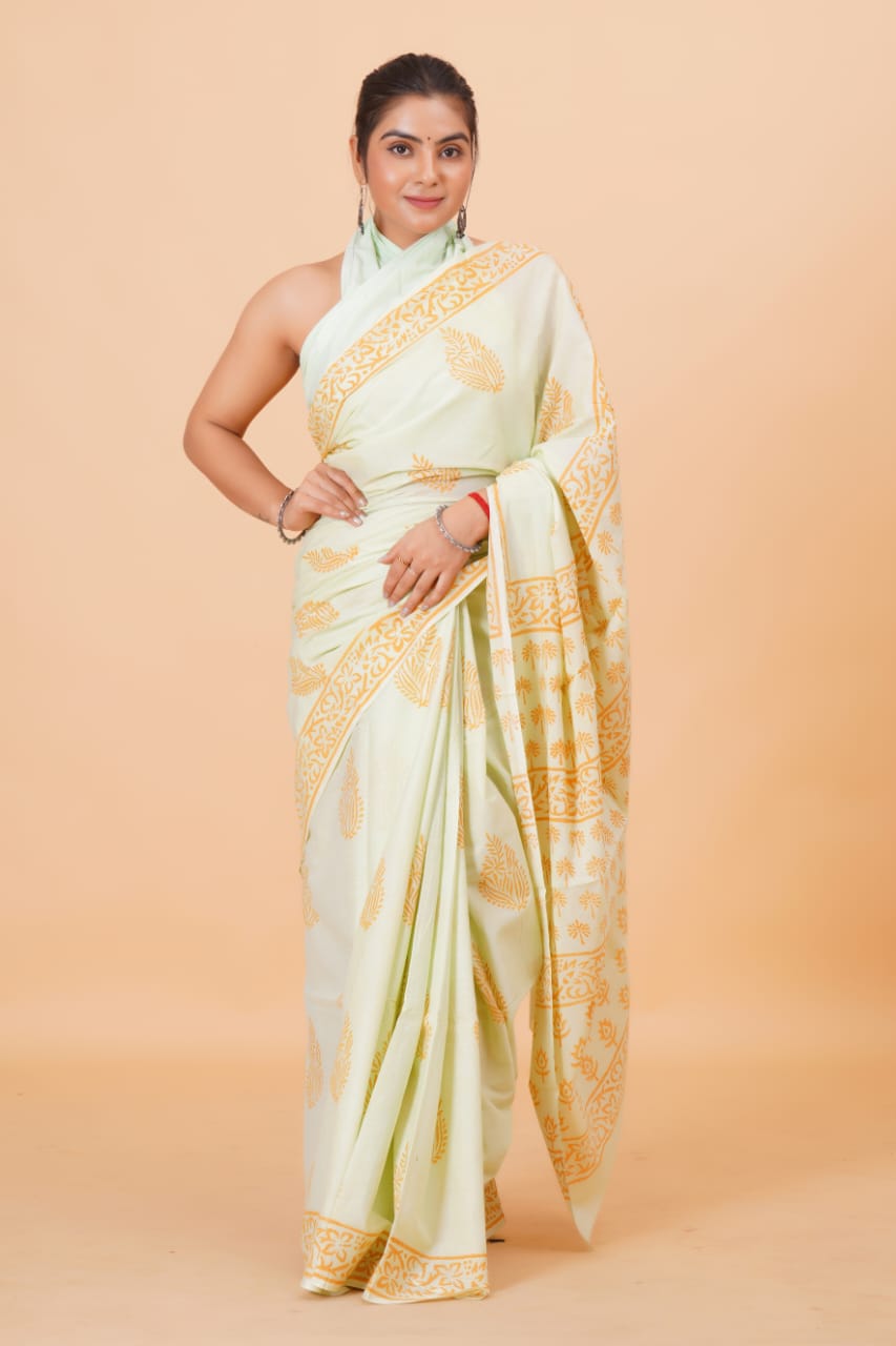 HAND BLOCK PRINTED COTTON SAREE (5.5 Mtr) WITH UNSTICHED BLOUSE PIECE (90CM)