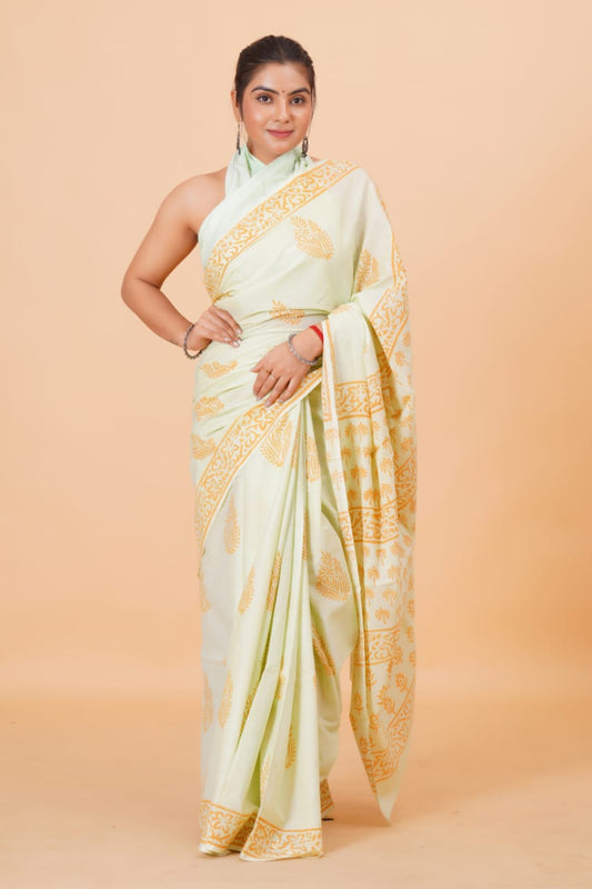HAND BLOCK PRINTED COTTON SAREE (5.5 Mtr) WITH UNSTICHED BLOUSE PIECE (90CM)