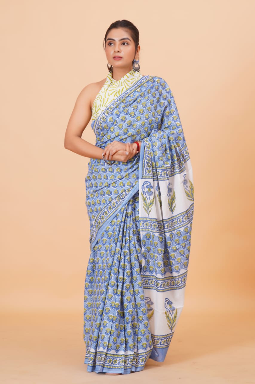 HAND BLOCK PRINTED COTTON SAREE (5.5 Mtr) WITH UNSTICHED BLOUSE PIECE (90CM)