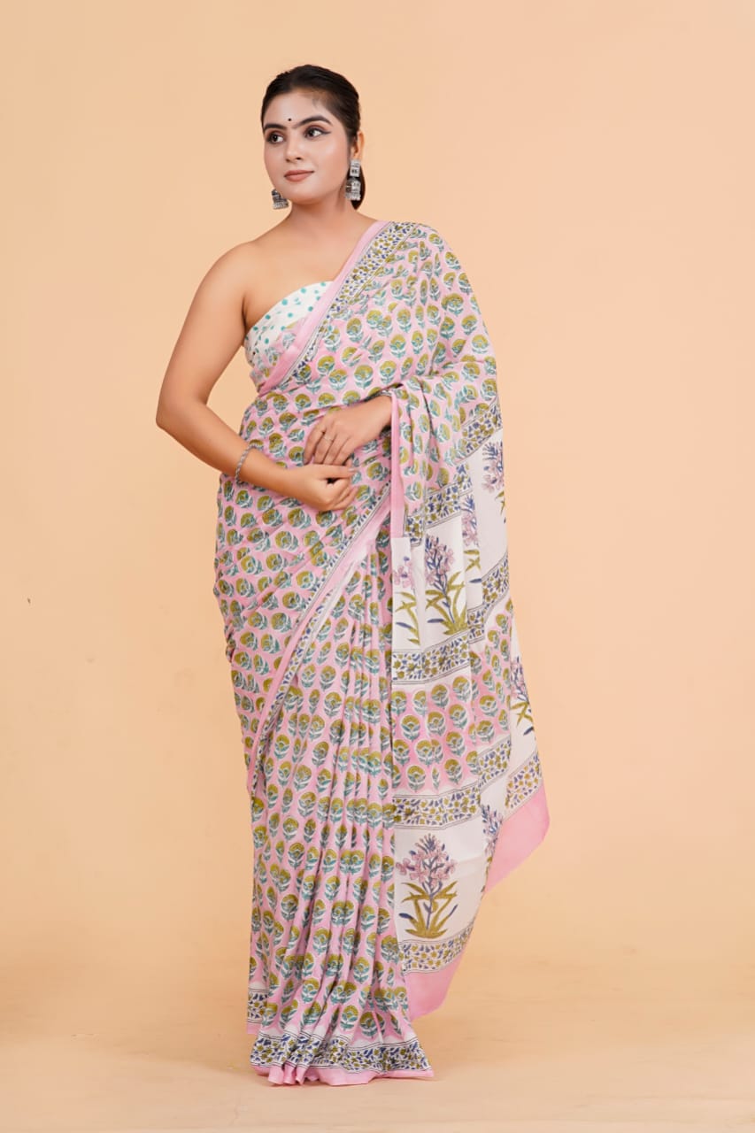 HAND BLOCK PRINTED COTTON SAREE (5.5 Mtr) WITH UNSTICHED BLOUSE PIECE (90CM)