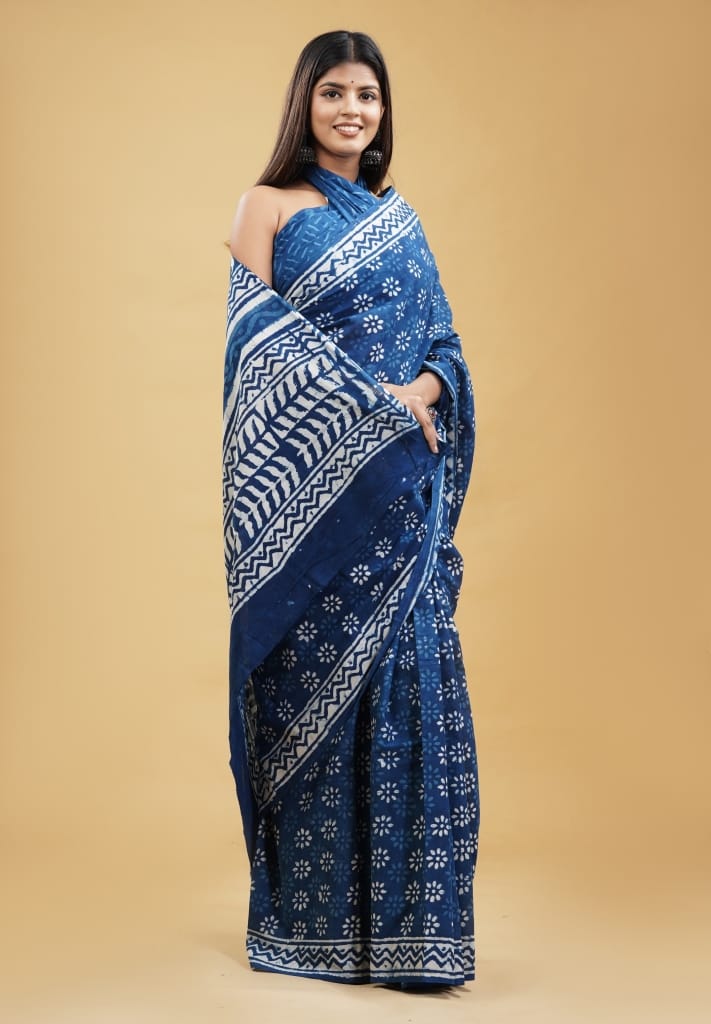 HAND BLOCK PRINTED COTTON SAREE (5.5 Mtr) WITH UNSTICHED BLOUSE PIECE (90CM)