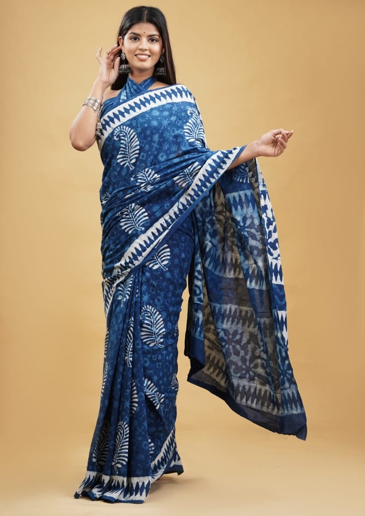 HAND BLOCK PRINTED COTTON SAREE (5.5 Mtr) WITH UNSTICHED BLOUSE PIECE (90CM)