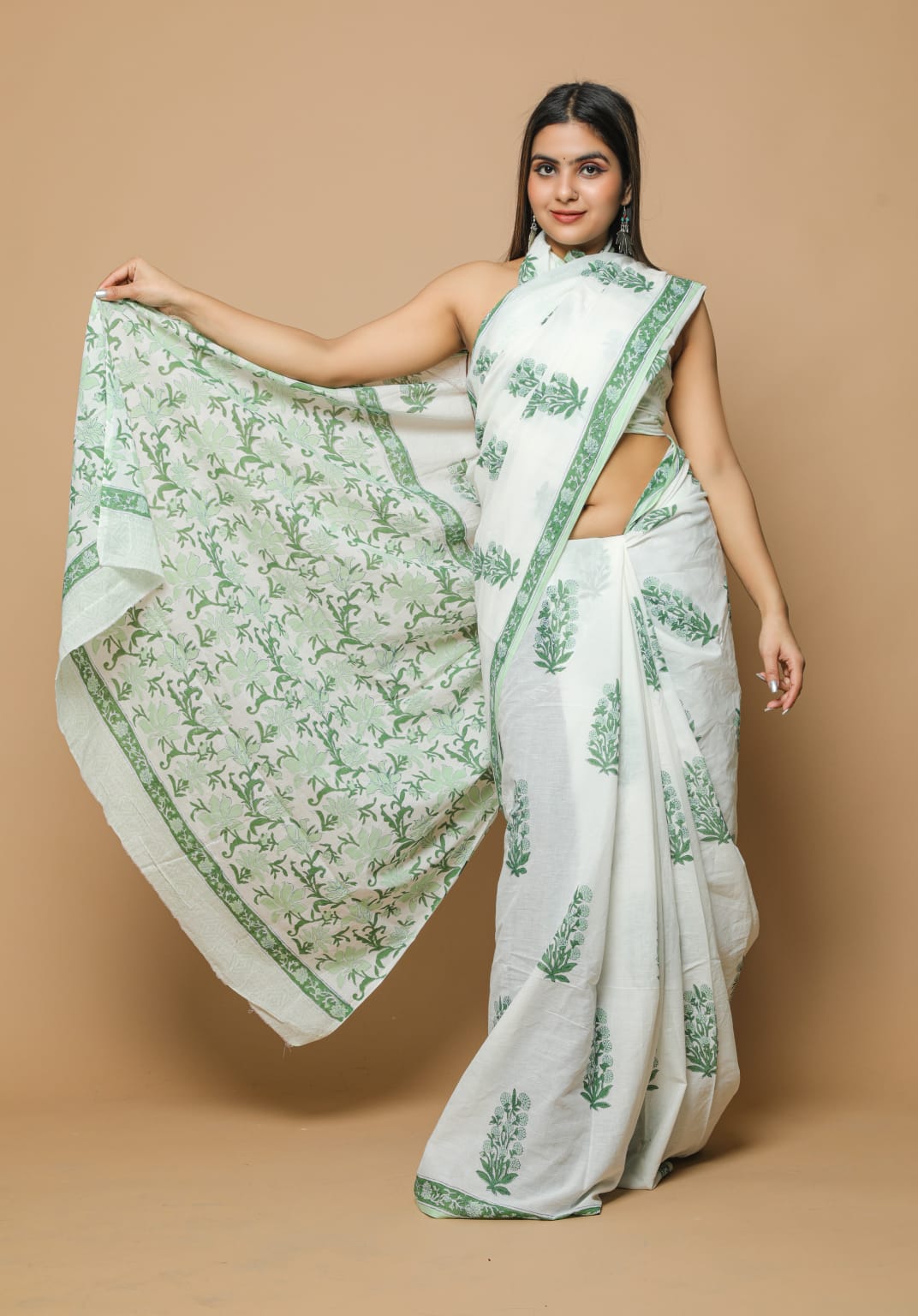 HAND BLOCK PRINTED COTTON SAREE (5.5 Mtr) WITH UNSTICHED BLOUSE PIECE (90CM)
