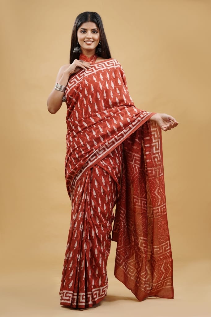 HAND BLOCK PRINTED COTTON SAREE (5.5 Mtr) WITH UNSTICHED BLOUSE PIECE (90CM)