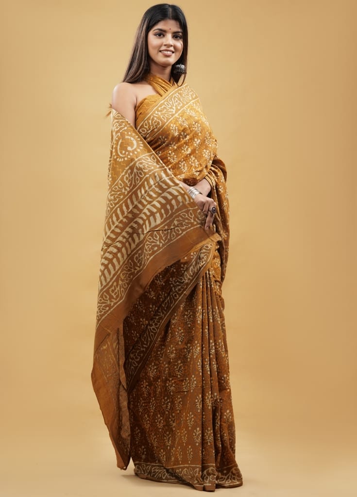 HAND BLOCK PRINTED COTTON SAREE (5.5 Mtr) WITH UNSTICHED BLOUSE PIECE (90CM)