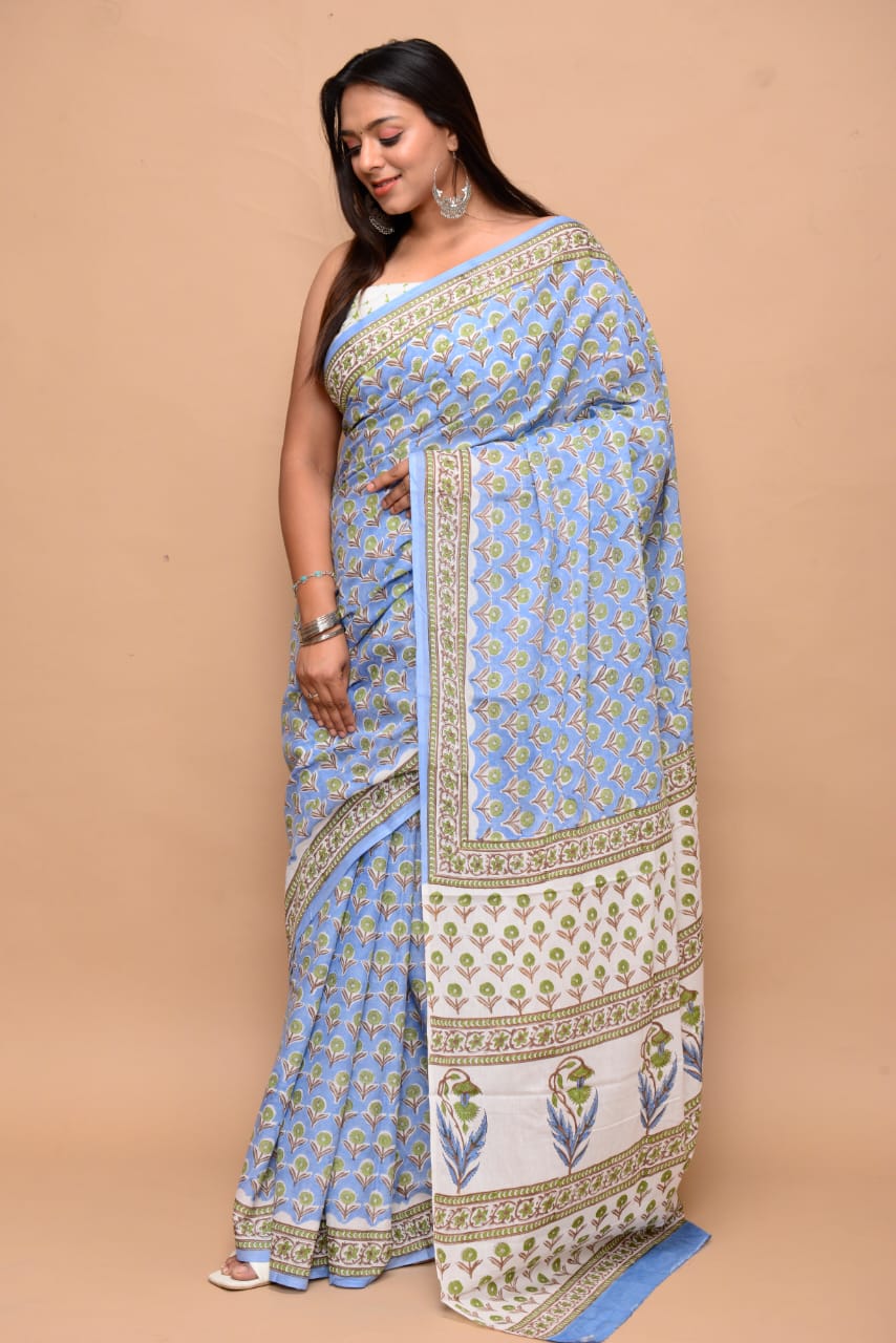 HAND BLOCK PRINTED COTTON SAREE (5.5 Mtr) WITH UNSTICHED BLOUSE PIECE (90CM)