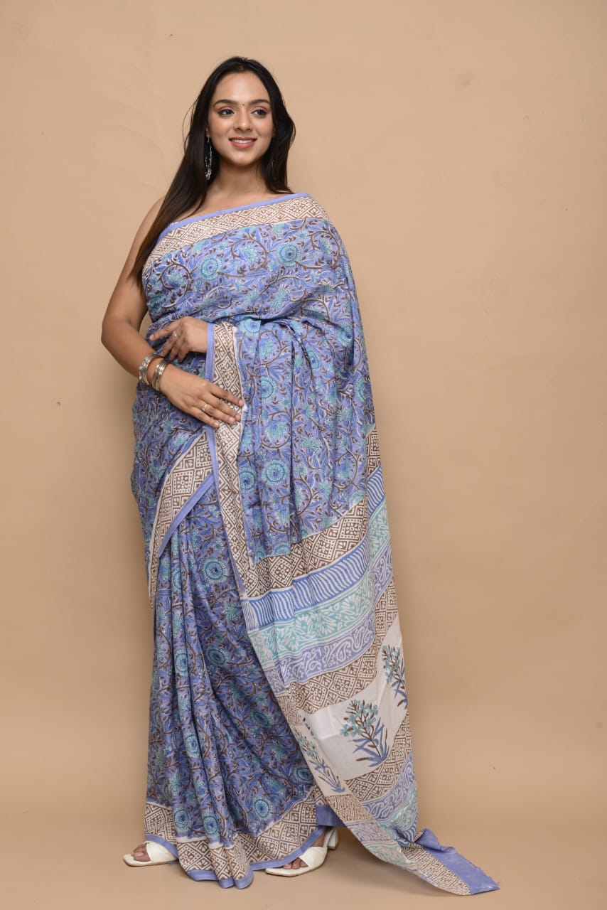 HAND BLOCK PRINTED COTTON SAREE (5.5 Mtr) WITH UNSTICHED BLOUSE PIECE (90CM)