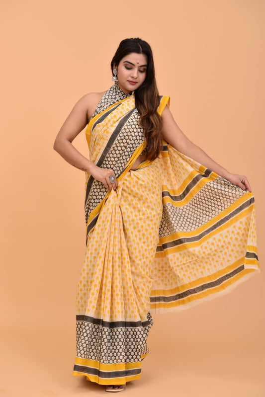 HAND BLOCK PRINTED COTTON SAREE (5.5 Mtr) WITH UNSTICHED BLOUSE PIECE (90CM)