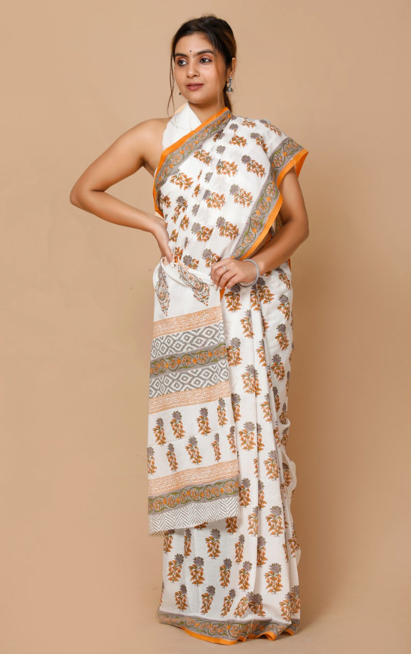HAND BLOCK PRINTED COTTON SAREE (5.5 Mtr) WITH UNSTICHED BLOUSE PIECE (90CM)