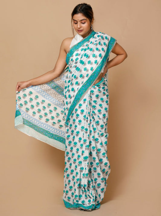 HAND BLOCK PRINTED COTTON SAREE (5.5 Mtr) WITH UNSTICHED BLOUSE PIECE (90CM)