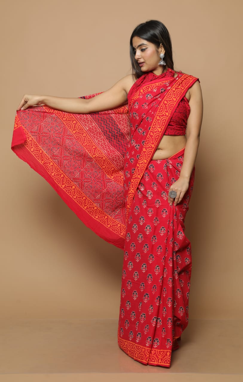 HAND BLOCK PRINTED COTTON SAREE (5.5 Mtr) WITH UNSTICHED BLOUSE PIECE (90CM)