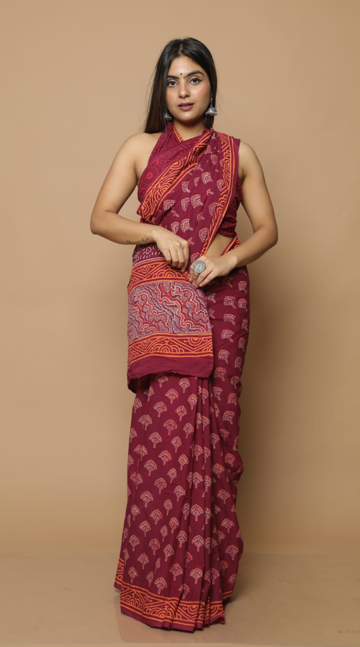 HAND BLOCK PRINTED COTTON SAREE (5.5 Mtr) WITH UNSTICHED BLOUSE PIECE (90CM)