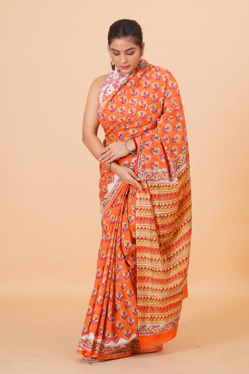 HAND BLOCK PRINTED COTTON SAREE (5.5 Mtr) WITH UNSTICHED BLOUSE PIECE (90CM)